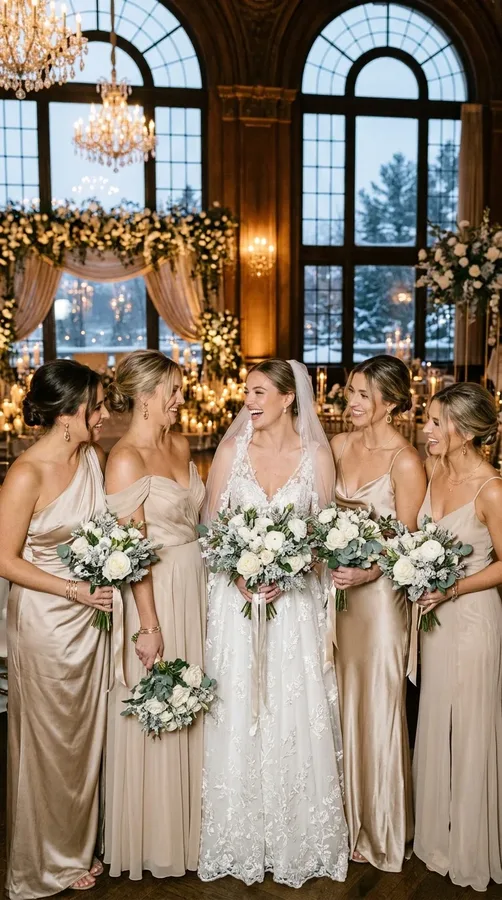 Champagne bridesmaid dresses with gold accessories and ivory wedding flowers.
