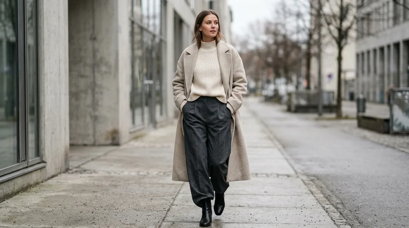 Cream sweater and charcoal wide-leg trousers create a polished yet casual winter outfit.