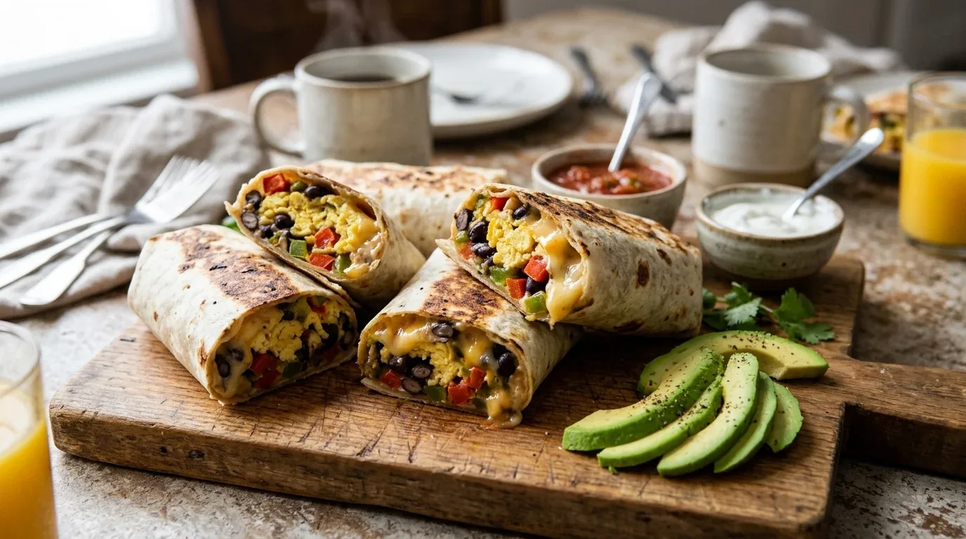 Make-ahead breakfast burritos filled with eggs, beans, peppers, and cheese.