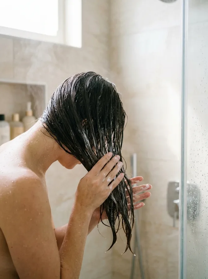 Woman applying conditioner to damp hair as part of a gentle washing routine.