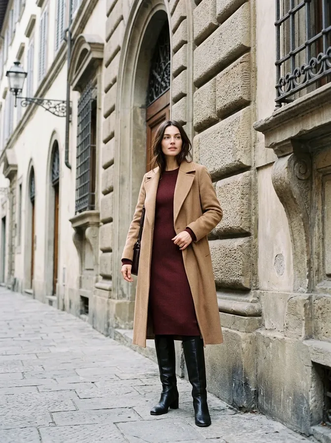 Burgundy midi knit dress, knee-high boots, and camel coat for a feminine Italian winter outfit.