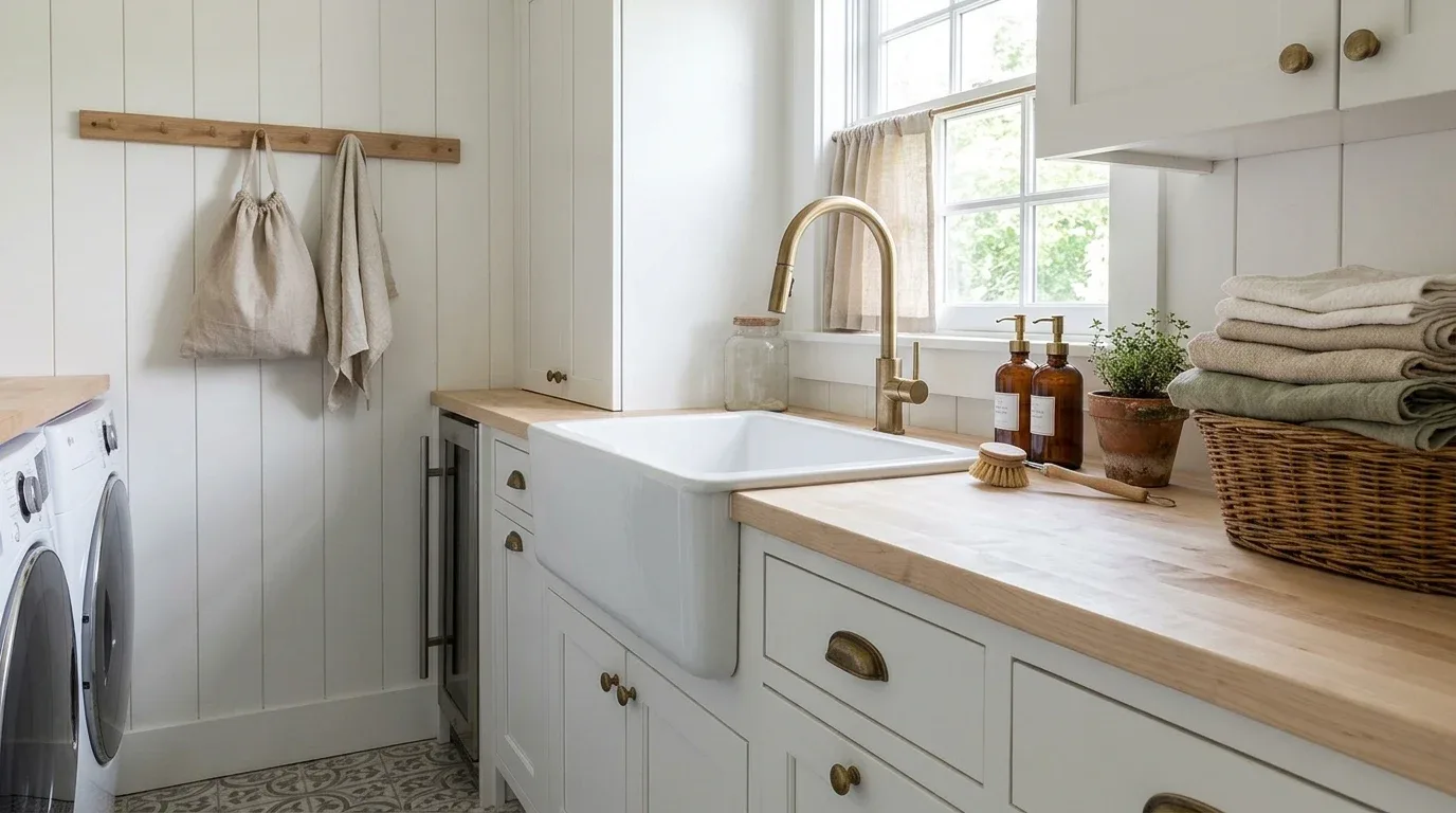 Deep white farmhouse utility sink with a practical faucet and classic cabinetry.