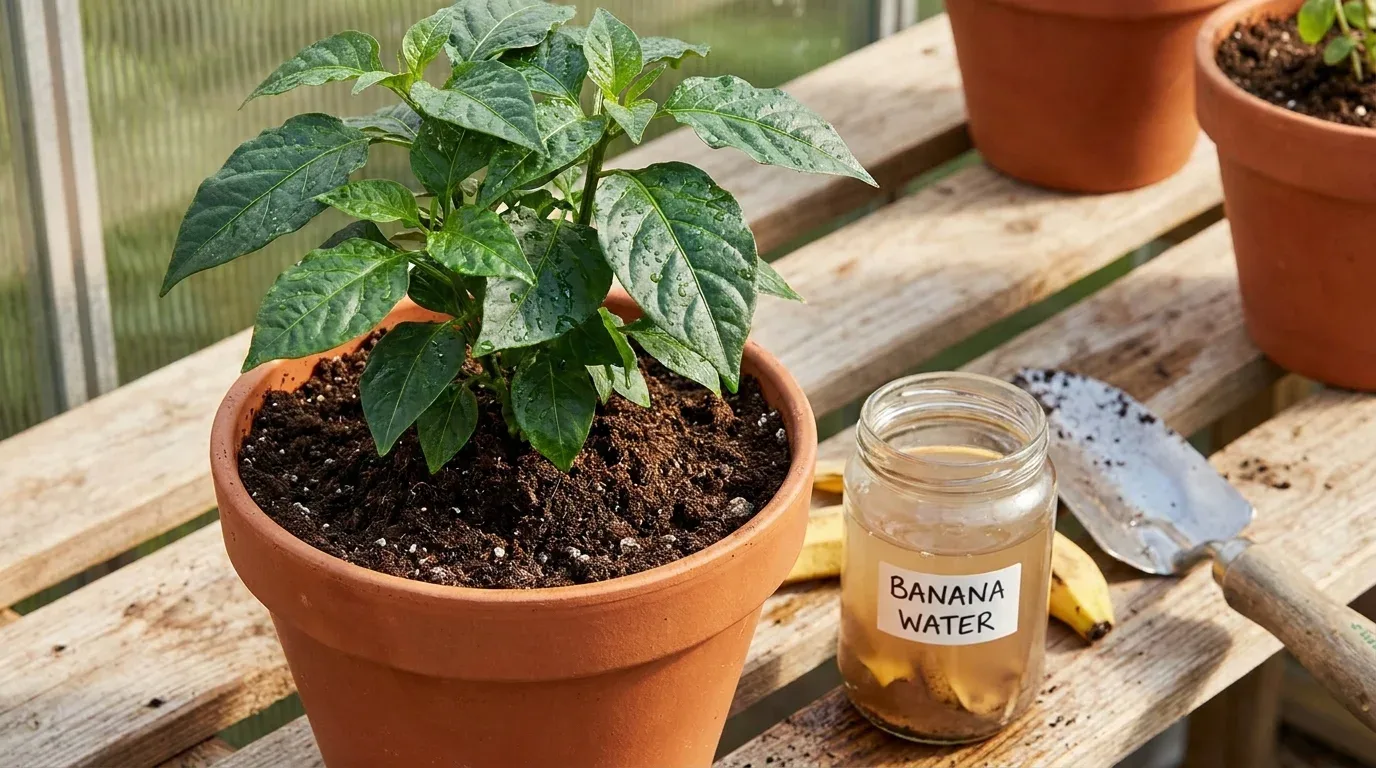 Tomato plant flowering beside banana water