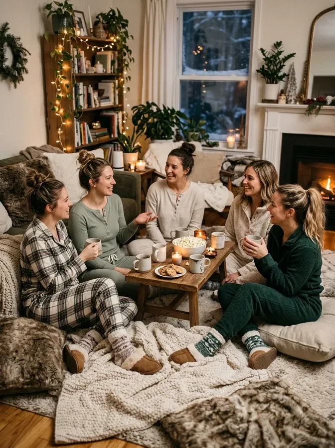 Friends in cozy pajamas enjoying a relaxed winter sleepover with blankets and warm drinks.