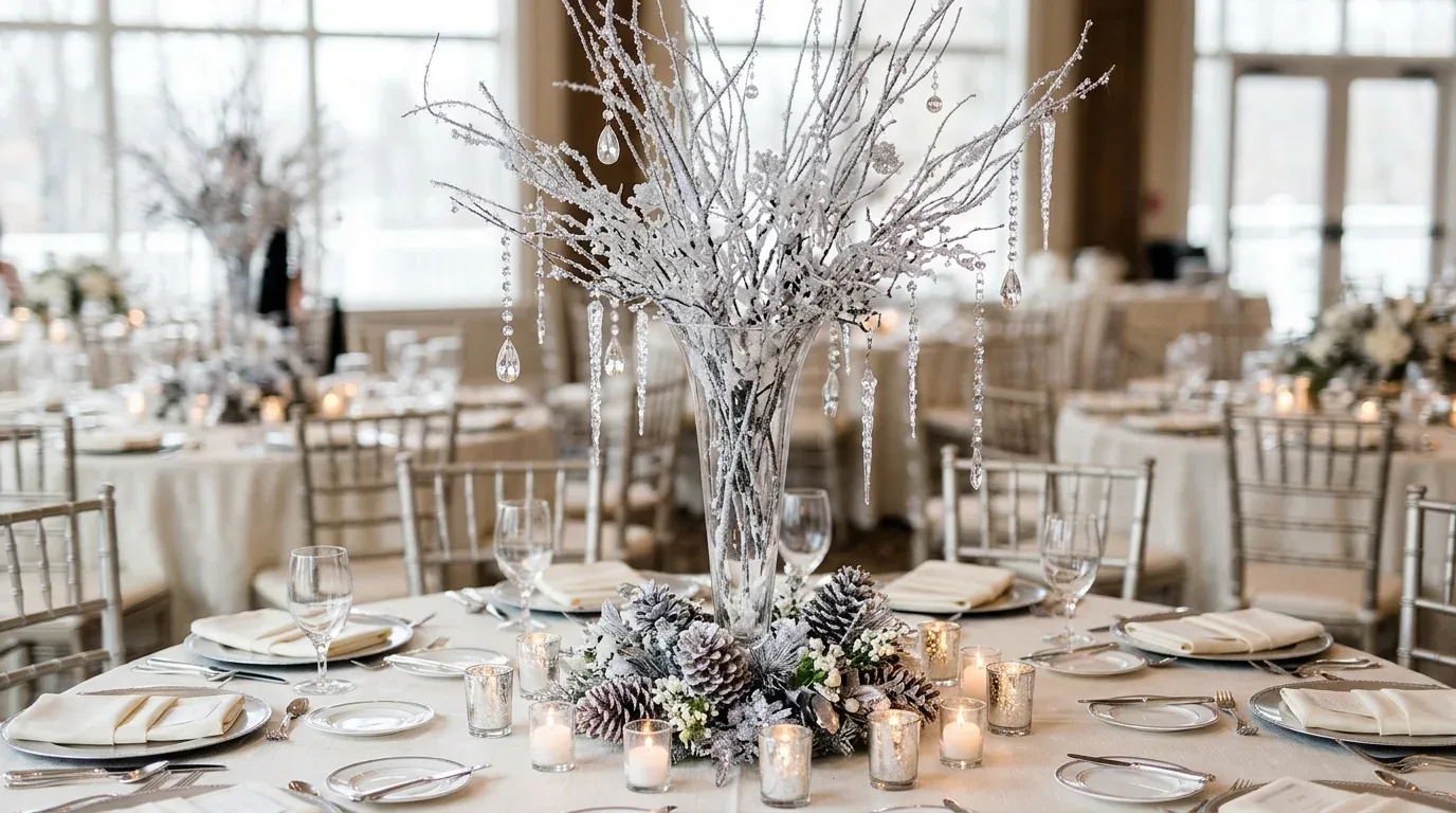 Frosted branch wedding centerpiece with crystal accents, silver details, and glass candleholders.
