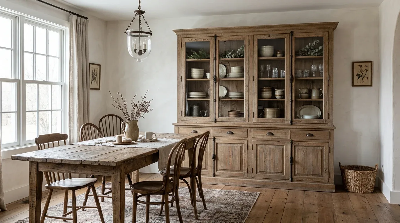 Vintage farmhouse china cabinet displaying neutral ceramics and glassware in a warm dining room.