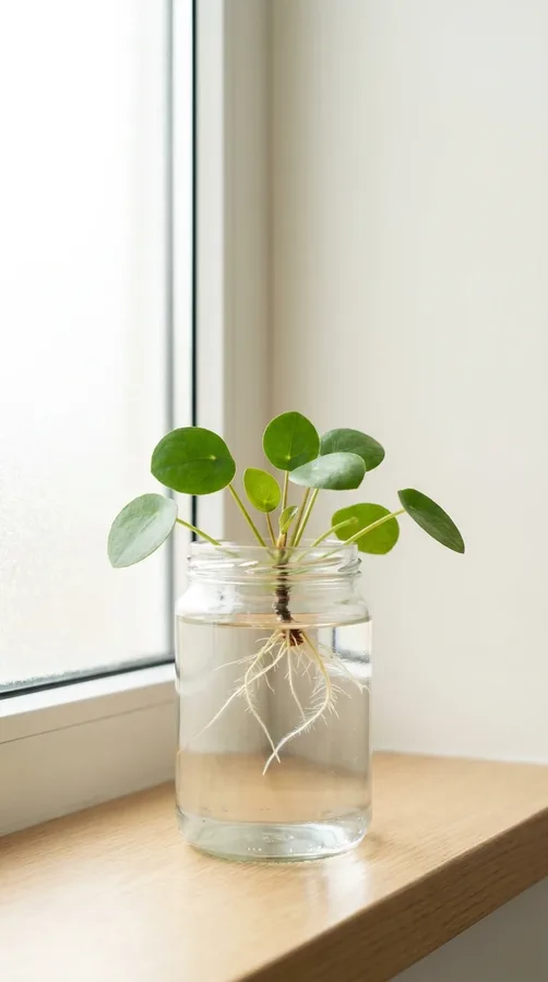 Chinese money plant offset developing roots in a clear glass of water.