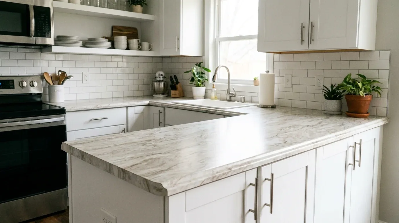 Affordable marble-look laminate countertop in a bright, practical kitchen.