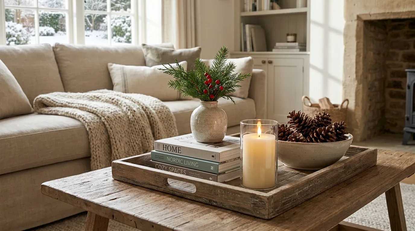 Winter coffee table styled with books, evergreen branches, pinecones, and a candle.