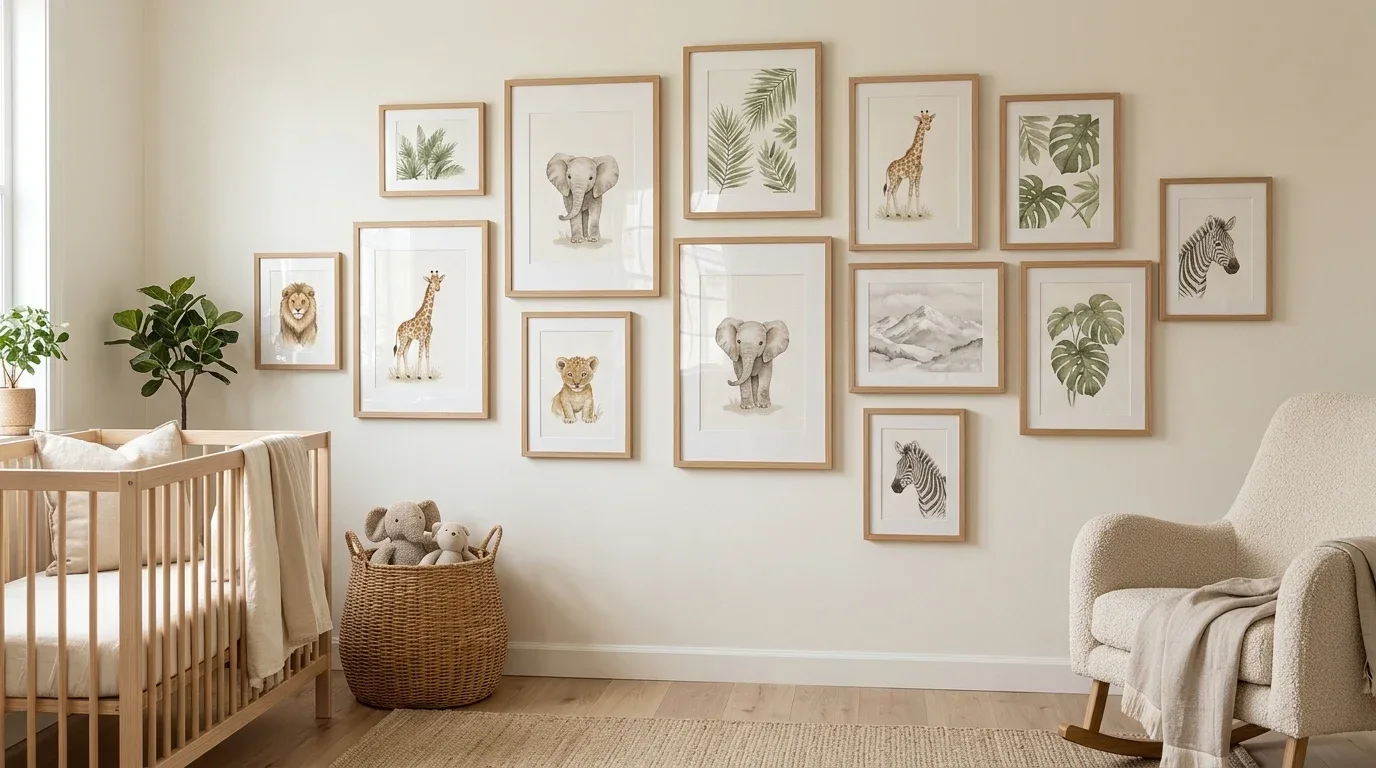Safari animal gallery wall with coordinated woodland and winter-inspired artwork.