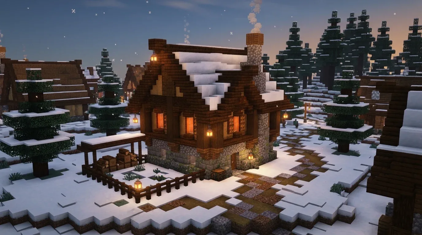 Medieval Minecraft winter cottage with timber walls, a steep dark roof, chimney, lanterns, and snowy village surroundings.
