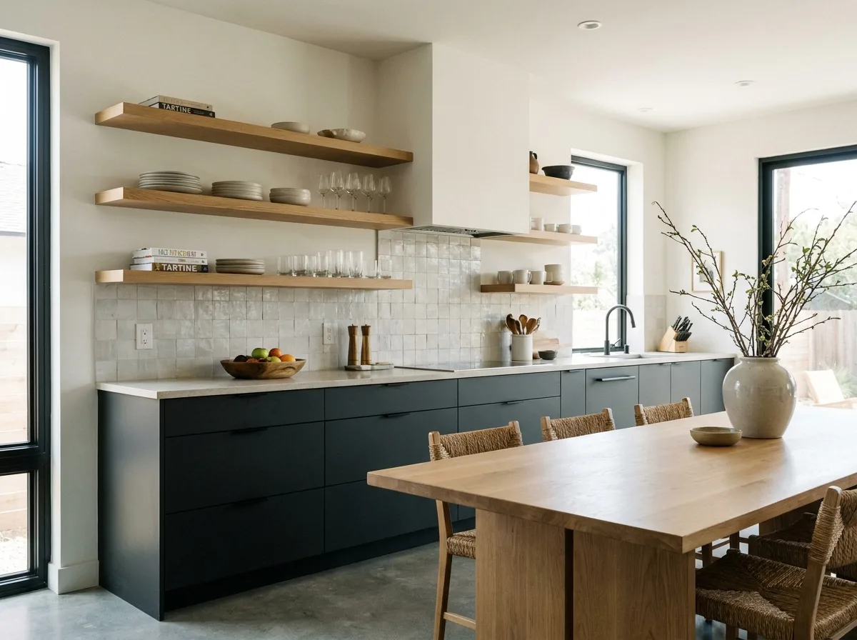 Open kitchen with a breakfast bar peninsula, comfortable stools, and a light stone countertop.