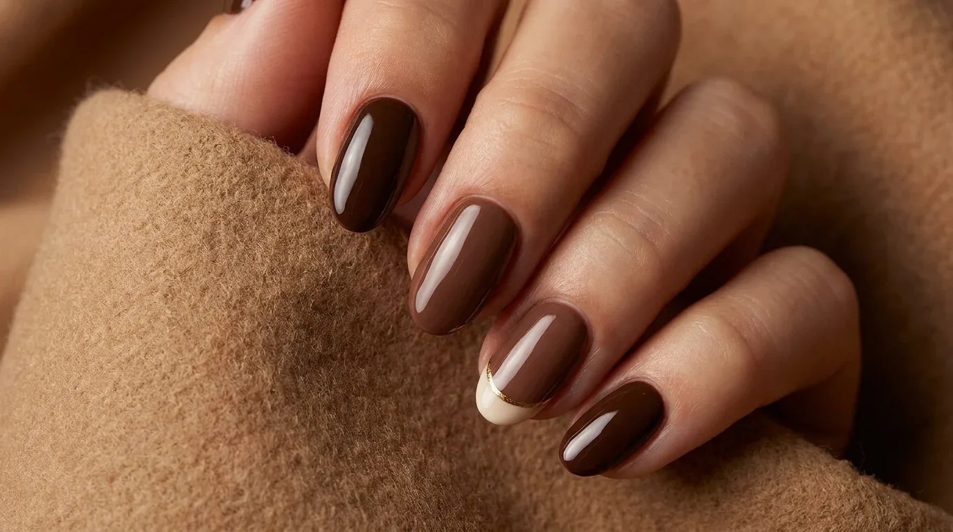 Rich chocolate brown winter nails with a delicate cream French tip and gold accent.