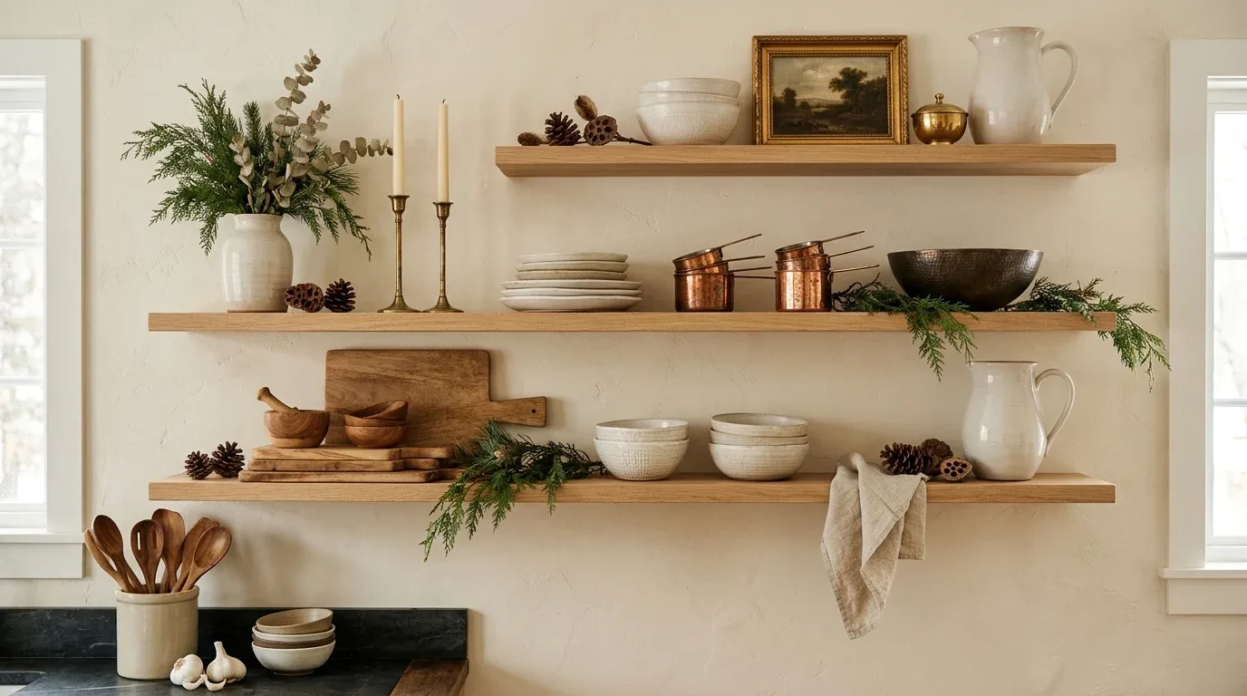 Brass, copper, and antique gold accents add warmth to winter kitchen shelf decor.