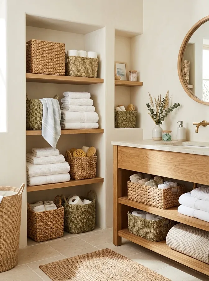 Natural woven baskets filled with fluffy white towels in a coastal bathroom.