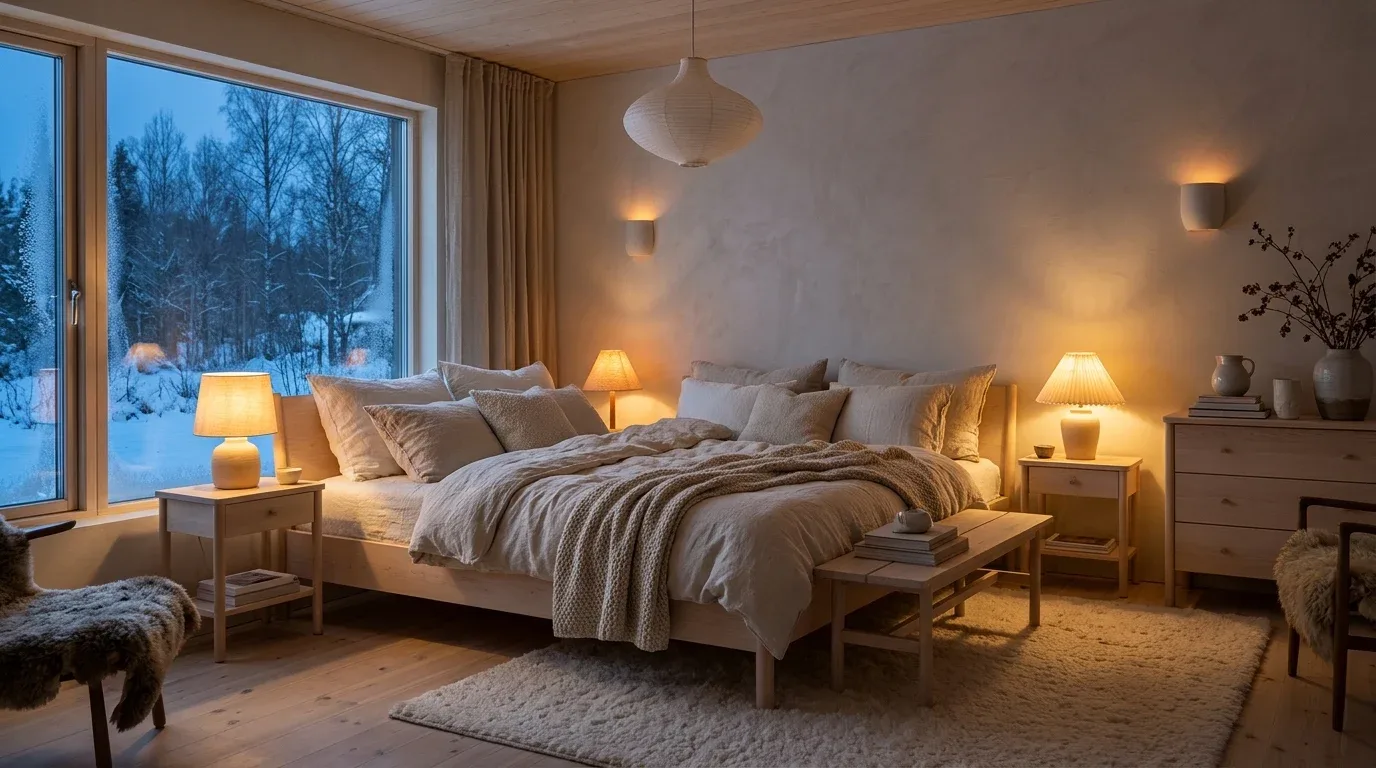 Scandinavian bedroom illuminated by warm bedside lamps and minimalist pendant lighting.