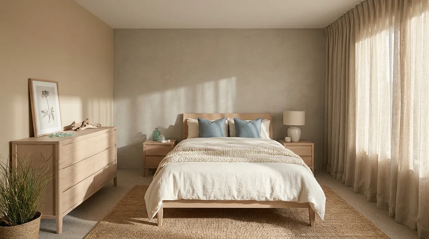 Warm sandy neutral bedroom with ivory bedding, pale oak furniture, and subtle blue coastal accents.