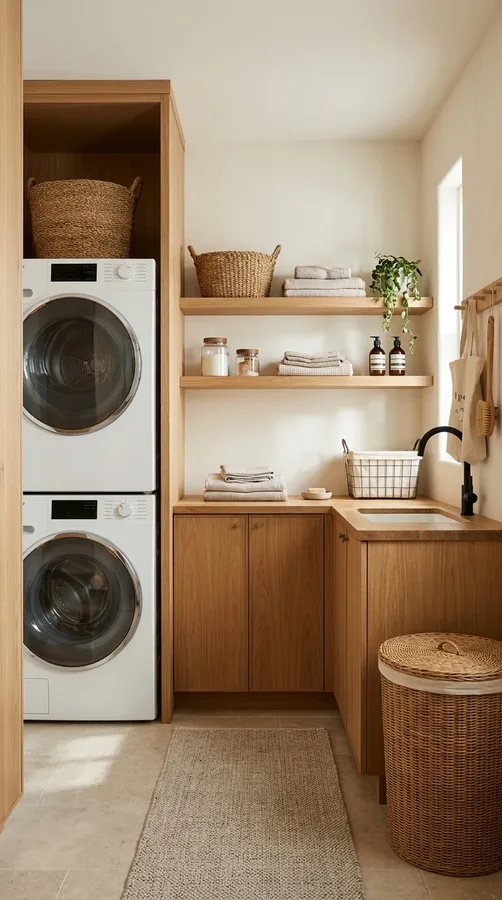 Warm stacked laundry room with natural oak shelves and wooden countertop.