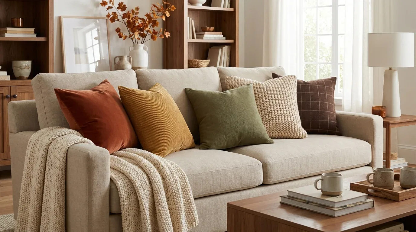 Neutral sofa styled with textured rust, mustard, olive, cream, and plaid fall pillows.