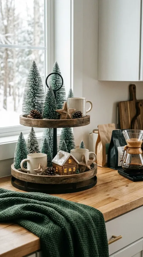 Tiered coffee tray with miniature evergreen trees, pinecones, and cream mugs.