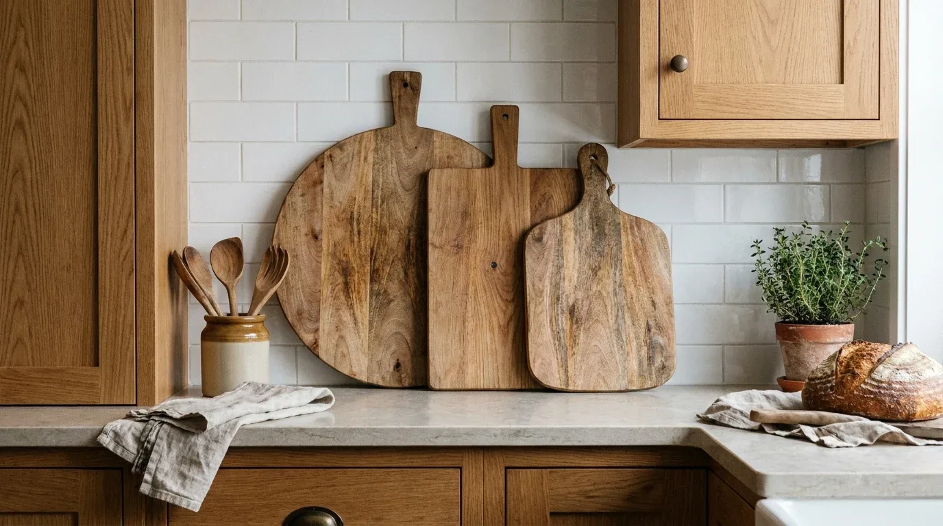 Layered wooden cutting boards and a utensil crock decorating a farmhouse kitchen