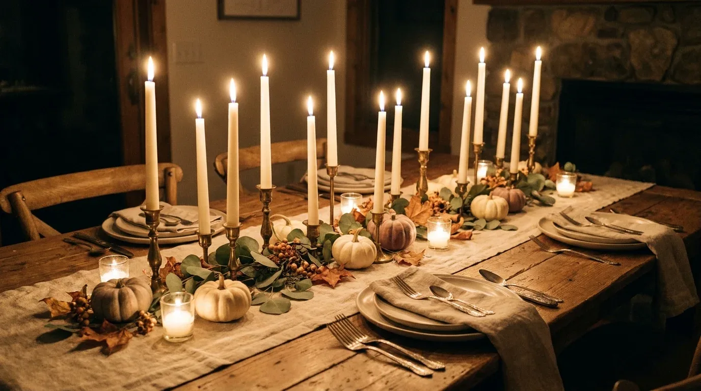 Cozy Thanksgiving table glowing with ivory candles, pumpkins, and warm autumn decorations.