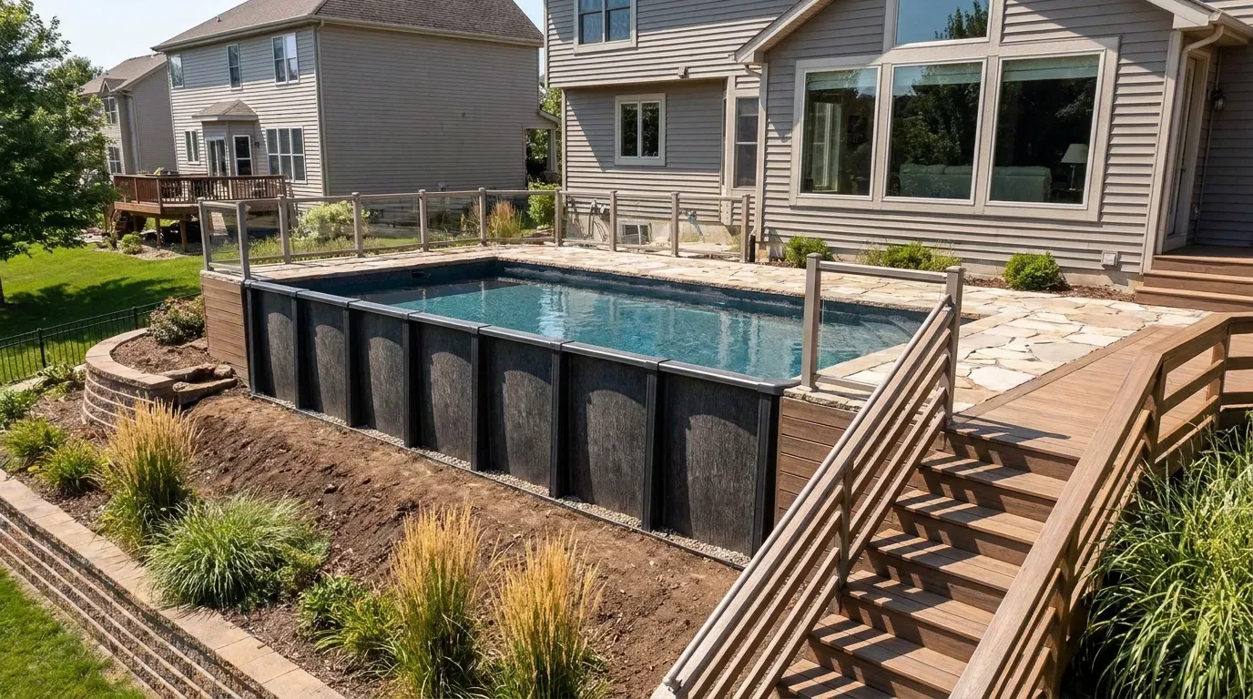 Semi-inground above-ground pool integrated into a landscaped slope with a stone patio.