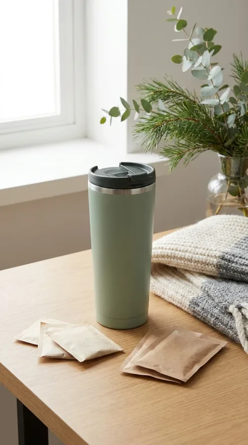 A muted green insulated travel tumbler with hot drink sachets for a practical holiday present.