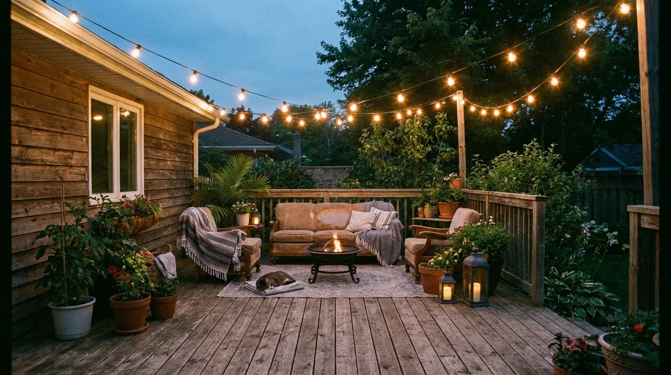Rustic DIY pallet seating area on a backyard deck