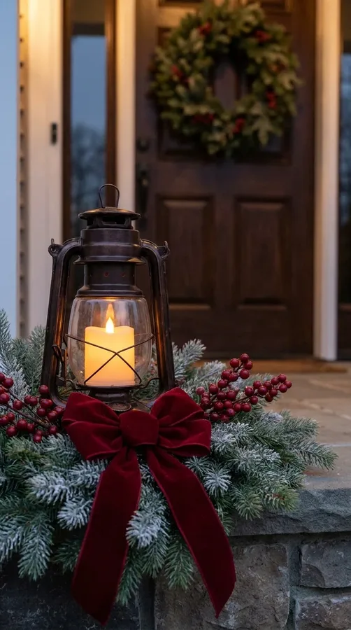 Traditional Christmas lantern with evergreen foliage, red berries, and a red velvet bow.