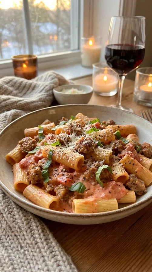 Creamy sausage and tomato rigatoni topped with basil and grated Parmesan.