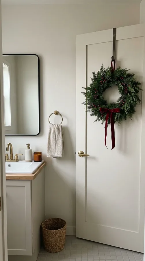 Forest-green Christmas bath mat with snowflake details beside a white bathtub.