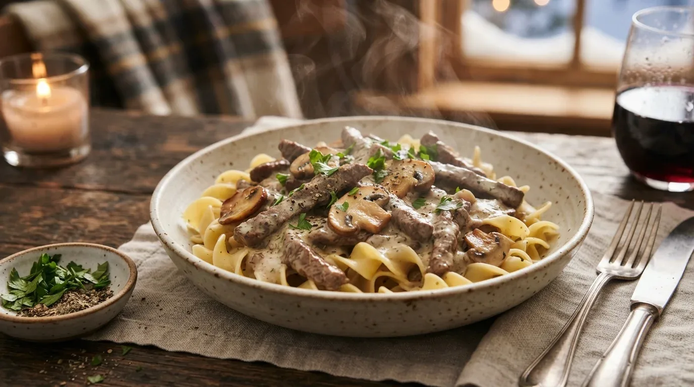 Creamy beef and mushroom stroganoff served over egg noodles for a hearty winter meal.