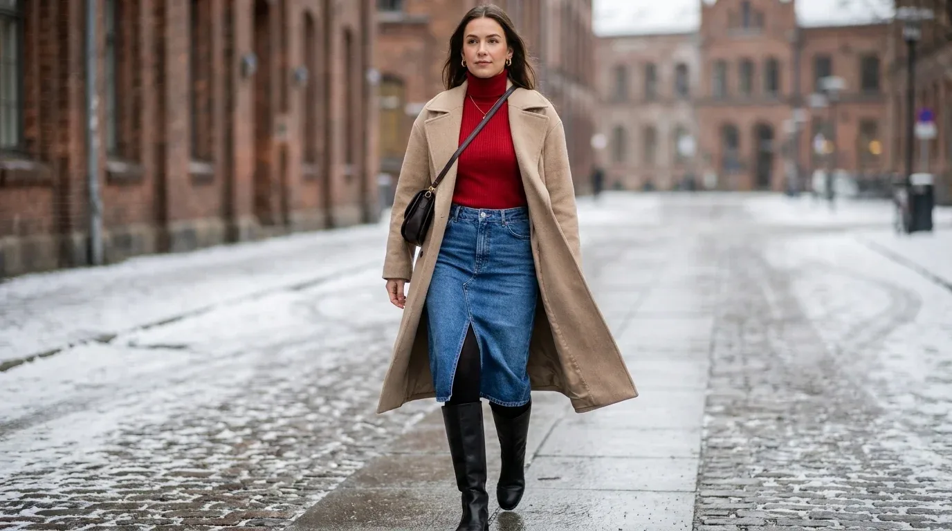All-black winter clothing accented by a bold red wool coat.