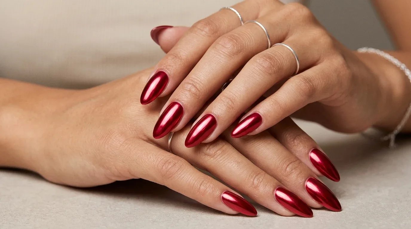 Reflective ruby red chrome Valentine's nails with a bold metallic shine.