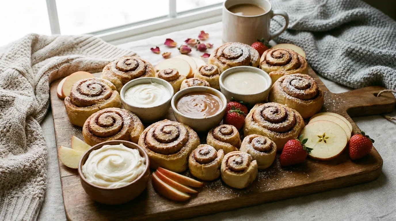 Red, pink, and white Valentine's Day breakfast board with berries, doughnuts, pastries, and heart-shaped watermelon.