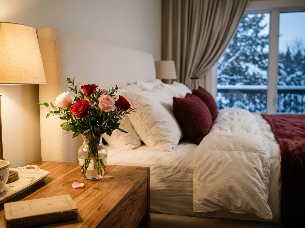 Fresh red and pink roses in a glass vase beside a warmly styled romantic winter bed.