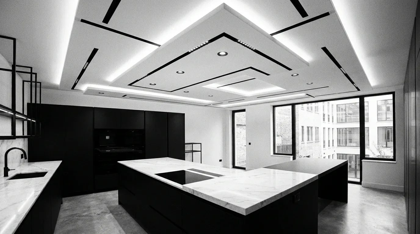 Kitchen false ceiling with soft concealed cove lighting