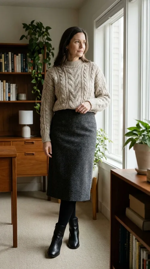 Charcoal midi skirt and chunky oatmeal sweater styled with tights and ankle boots for work.