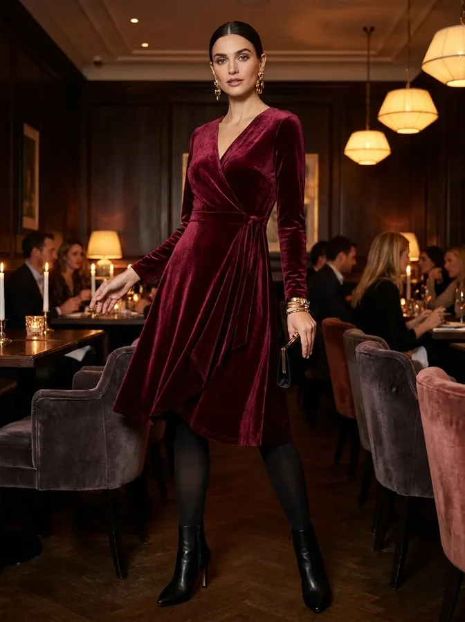 Burgundy velvet wrap dress with black tights and ankle boots for an elegant Galentine's dinner.