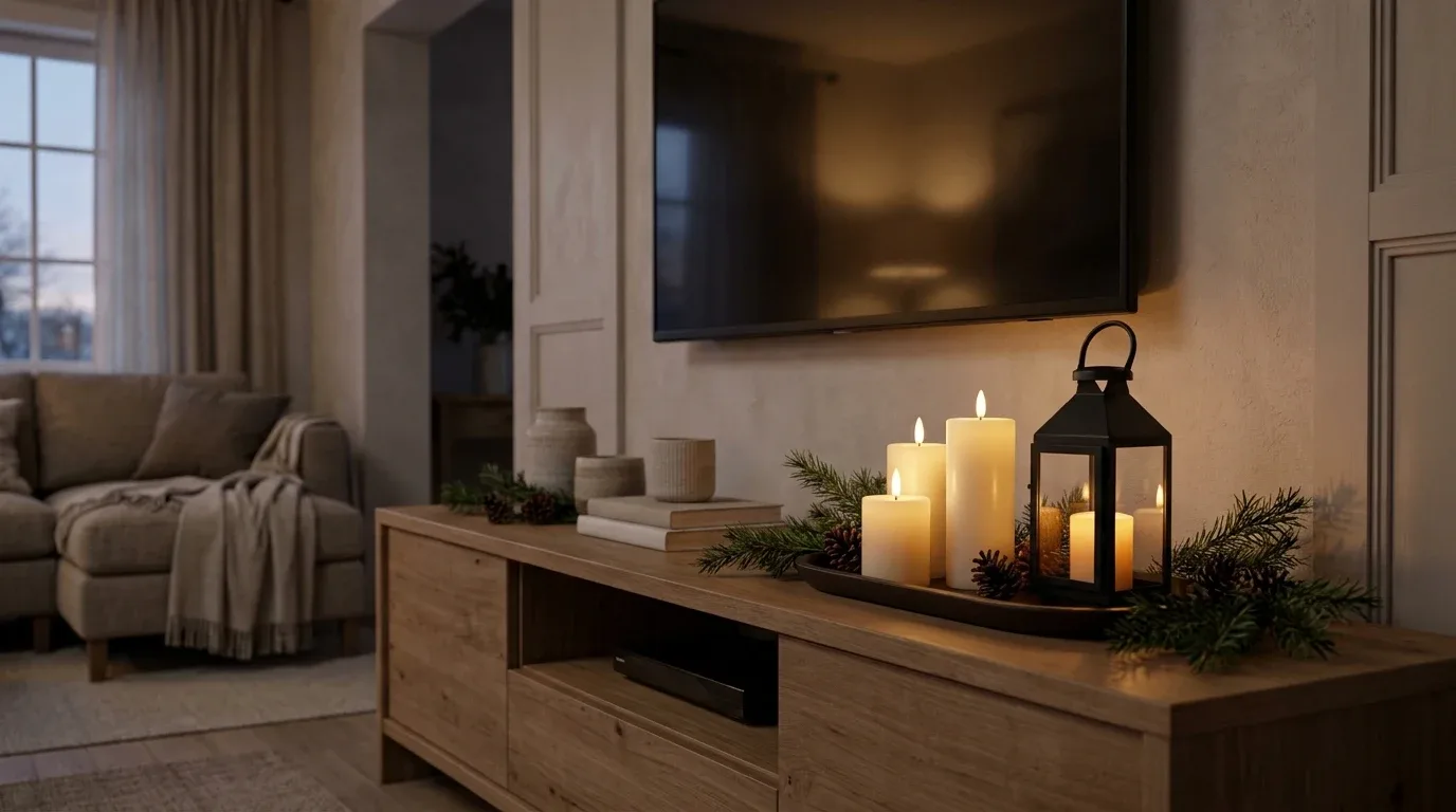 Winter TV stand styling with ivory LED pillar candles, a metal lantern, and evergreen accents.