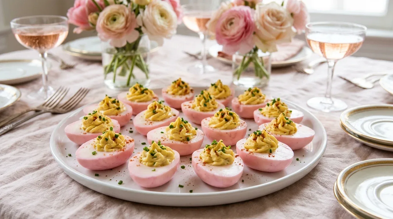 Pink deviled eggs garnished with chives and paprika on a serving platter.