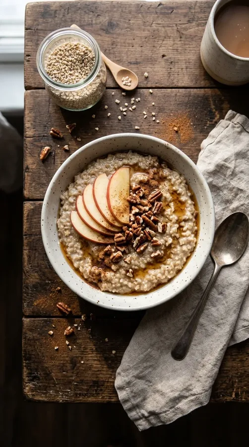 Creamy steel-cut oatmeal topped with apples, pecans, cinnamon, and maple syrup.