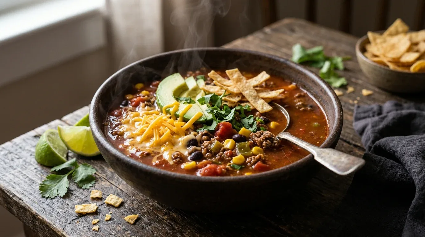 Beef taco soup with black beans, corn, cheddar, avocado, and crunchy tortilla toppings.