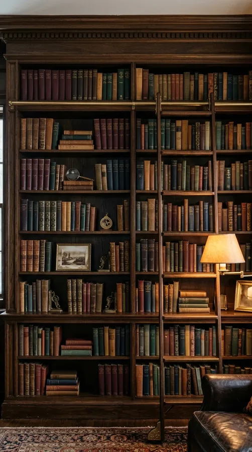 Traditional dark wood bookshelf styled with vintage books and understated decorative objects.