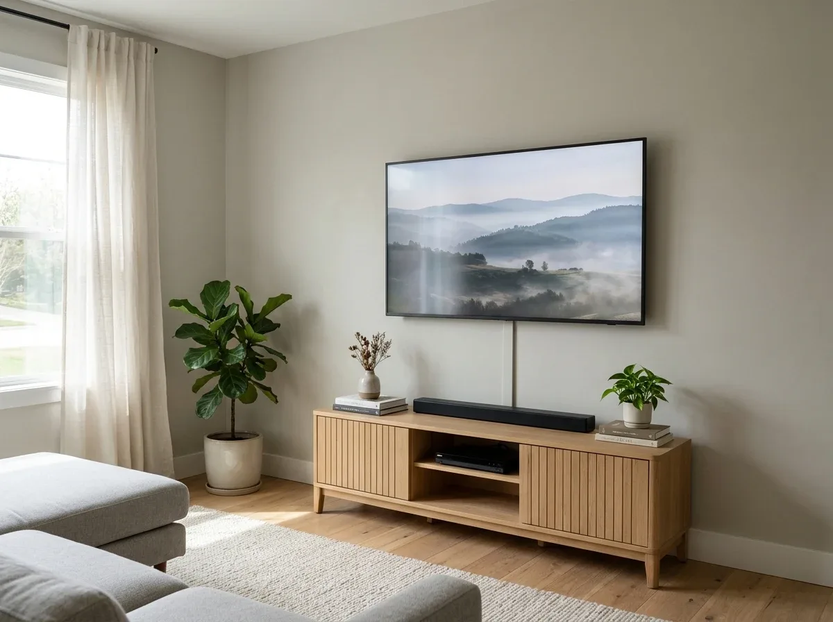 A clean television wall with neatly concealed cords and an organized media console.