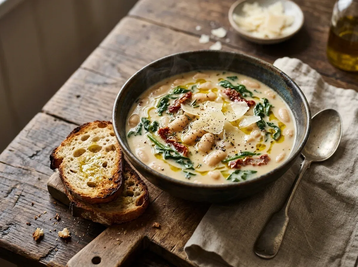 Creamy Tuscan white bean soup with spinach, sun-dried tomatoes, and toasted bread.