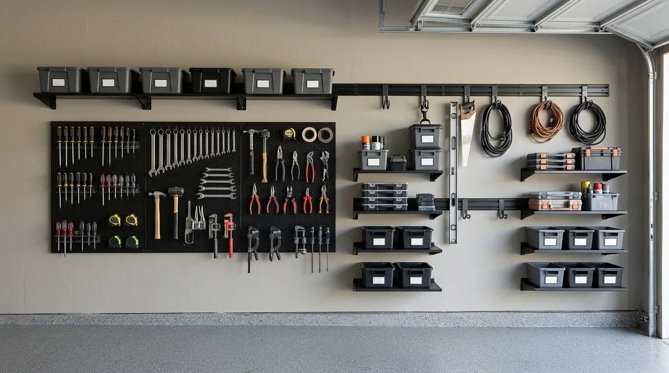 Wall-mounted garage storage system with pegboards, hooks, labeled bins, and neatly arranged tools.
