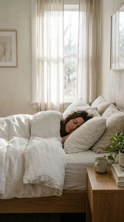 Peaceful sleep in a comfortable bedroom to support overall wellness and refreshed-looking skin.