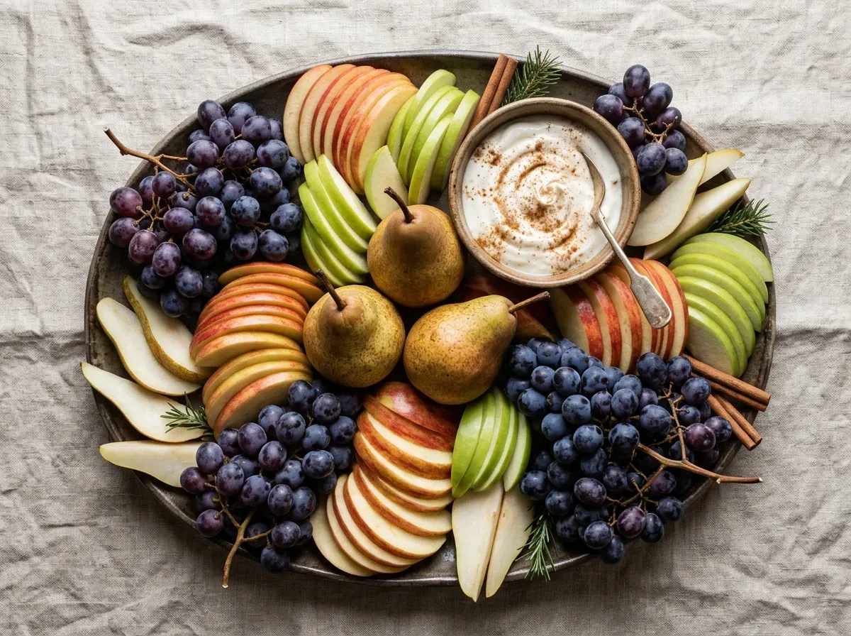 Rustic winter fruit platter with red and green apples, fresh pears, grapes, and cinnamon yogurt dip.